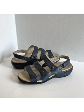 Aravon Power Comfort Women's Three Strap Sandal Blue Leather Slingback Size 9.5W